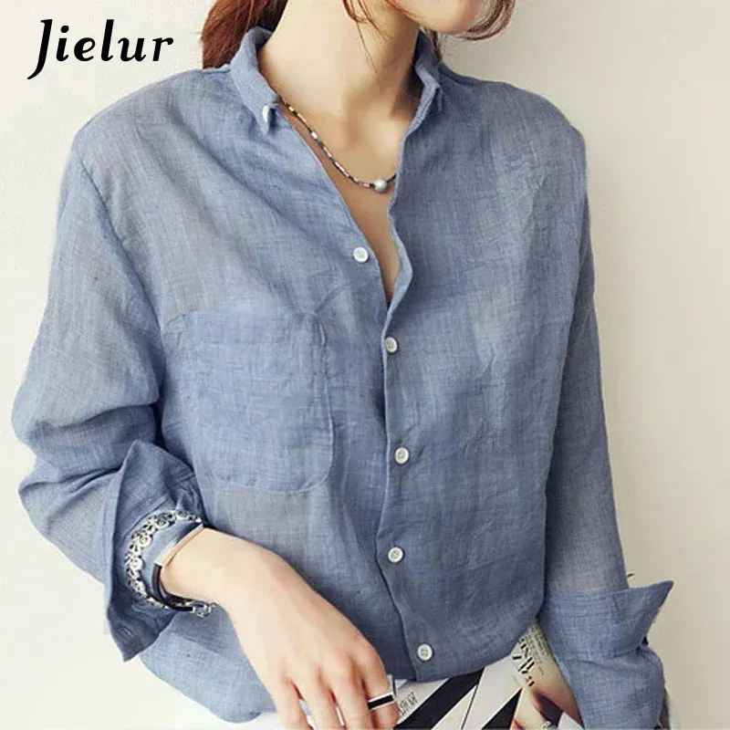 Chemise Jielur Chemisier Femme femmes hauts mode 2022 été lin chemise blanche femmes à manches longues Blouse coréenne Femme vêtements Roupas