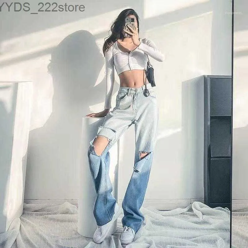 Jeans Jeans Autumn Straight Color Gradient Ripped Long Trousers Loose Retro Baggy 240304