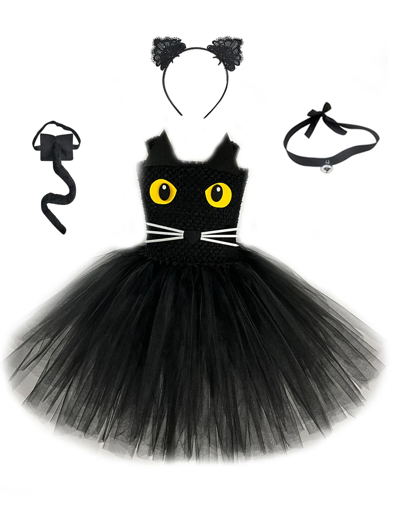 Kostuums Zwarte Kat Kostuum voor Meisjes Peuter Verjaardagsfeestje Fancy Tutu Jurk Haarband Tie Tail Kids Halloween Animal Cosplay Kostuums