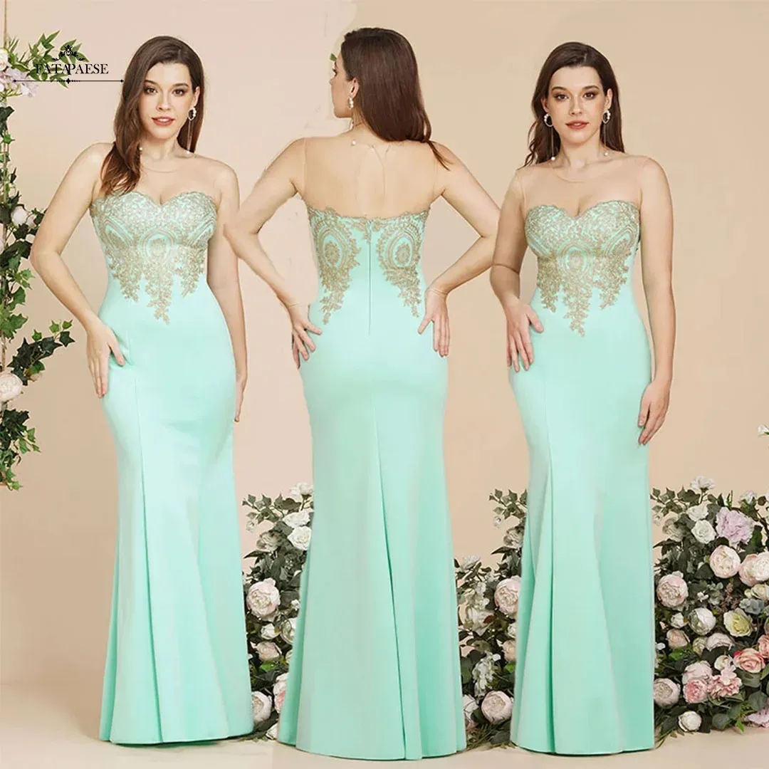 Vestidos de dama de honra sereia verde menta, apliques dourados, vestido longo de festa de casamento, costas abertas, robe demoiselle d'honneur cps262