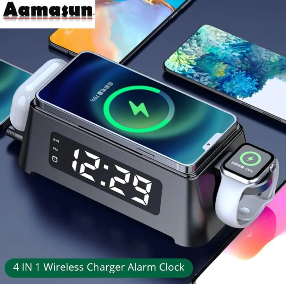 Wireless Charger Station 3 in 1 with Led Alarm Clock 15W Wireless Charging for iPhone 131211 Pro Max Apple Watch Airpods 3Pro3033652