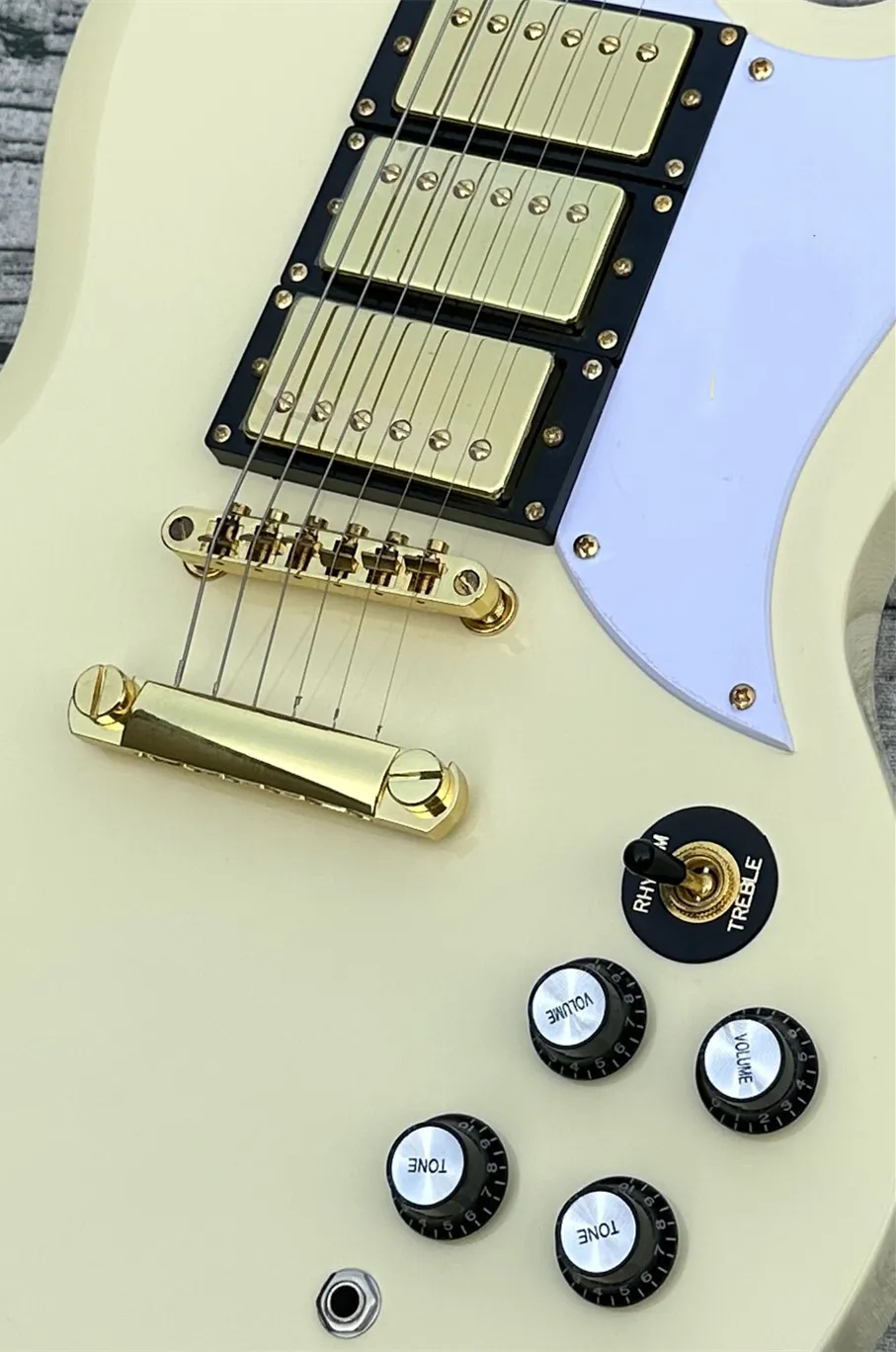 Guitare électrique SG personnalisée, blanc laiteux, accessoires dorés, en stock, livraison gratuite Lightning