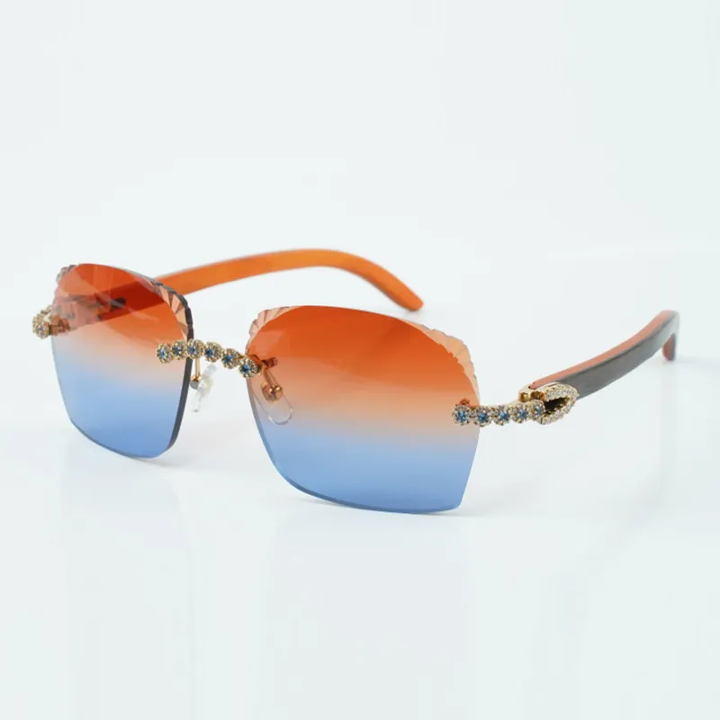 Modieus nieuw product blauw boeket diamant en geslepen zonnebril 3524018 met natuurlijke oranje houten armen en lensdikte van 3,0 mm