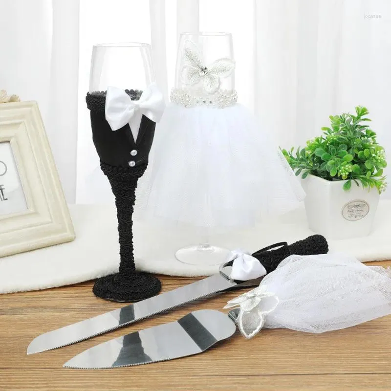 Knivar 4st Wedding Cake Knife Shovel Ställ in vin Champagne Glass Drinking Cup Goblet For Engagement Bride and Groom Anniversary Presentlåda