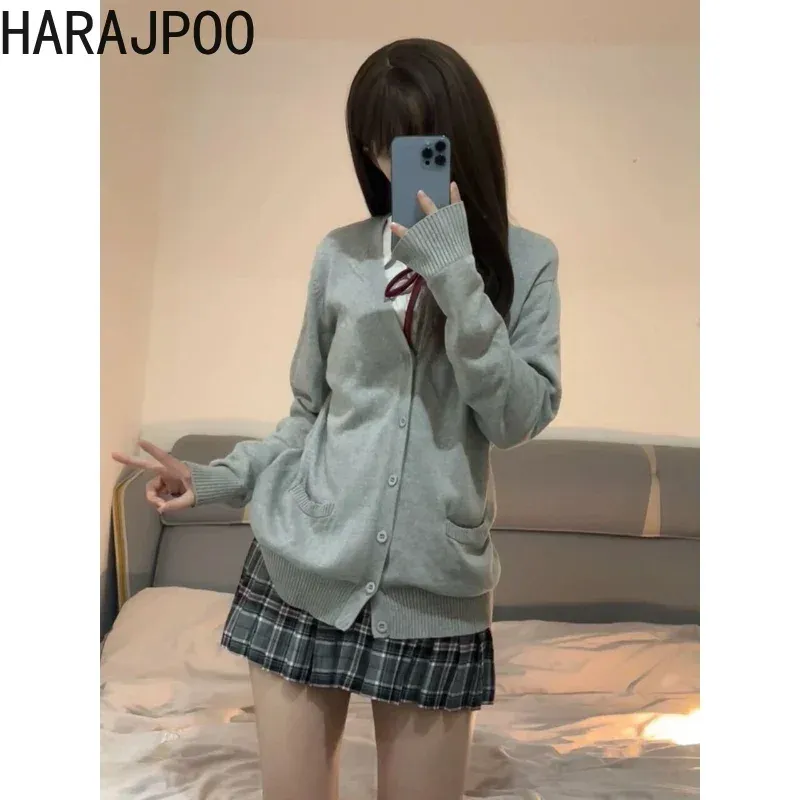 Cardigans Harajpoo JKユニフォームセーター2024秋の冬女性大学風の日チェリーブロッサムガールピンクスクールニットカーディガンジャケット