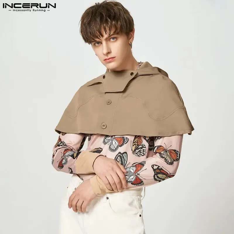 INCERUN hommes Trench Cape couleur unie bouton sans manches à capuche décontracté Ponchos Streetwear mode manteaux irréguliers Cape S-5XL 240304