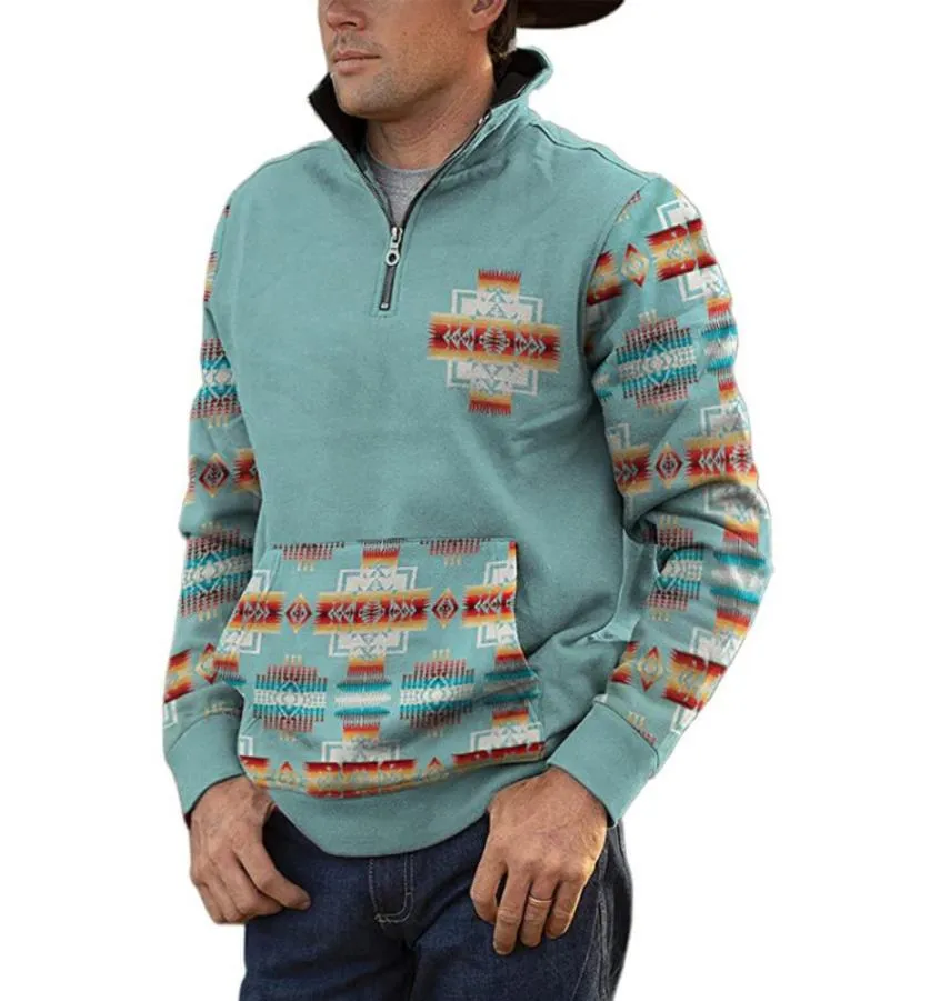 Herren Western Aztec Sweatshirt Kreuz Ethno Print Patchwork Zip Up Hoodie Pullover für Herren S2112237976766