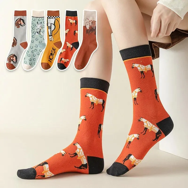 Chaussettes en coton pour femmes, 1 paire, à la mode, Art élégant, Orange, jaune, cheval, Lion, longues, Style éthique, robe Sox, cadeau d'été