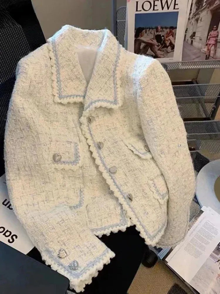여자 재킷 프렌치 트위드 소형 정장 코트 2024 가을 겨울 여성 의류 디자인 향수 다목적 탑 230226