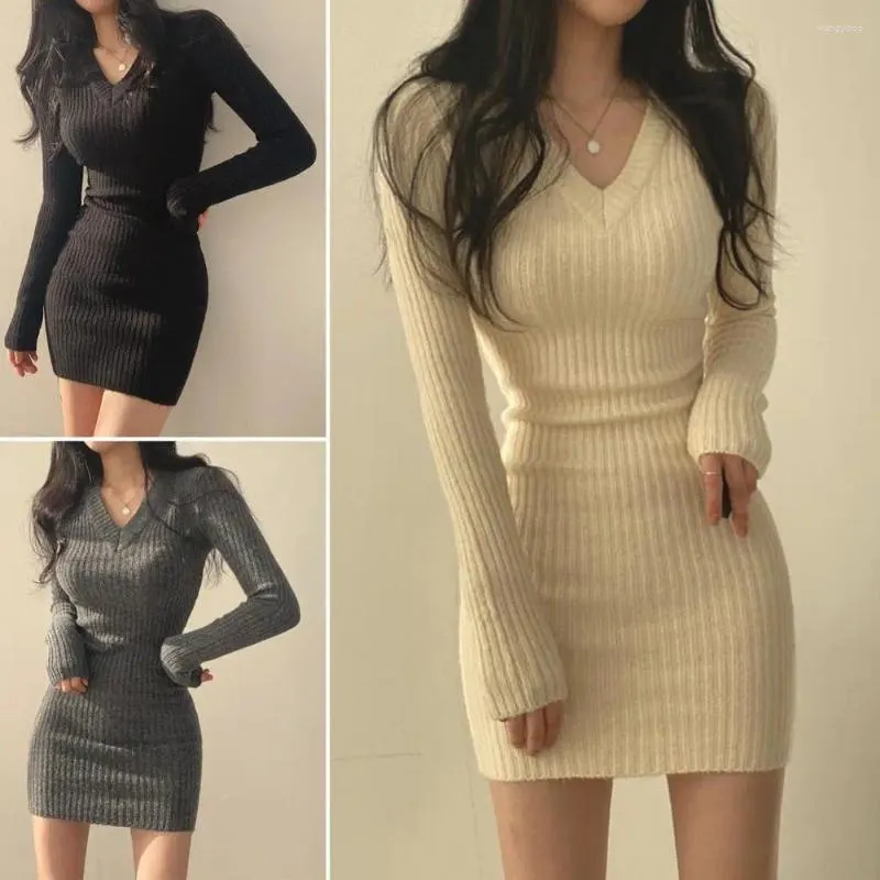 Casual Dresses Sexy Lady Spring Dress Elastic Sweater Slim Fit Soft Pullover Mini Warm