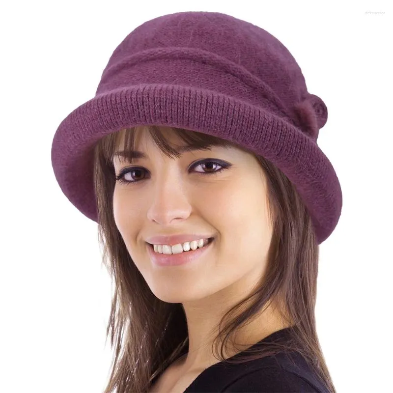 Berets Women Winter Knit Bucket Hat 1920s Vintage Bowler Round Brim Warm Thick Fleece Lined Caps Lady