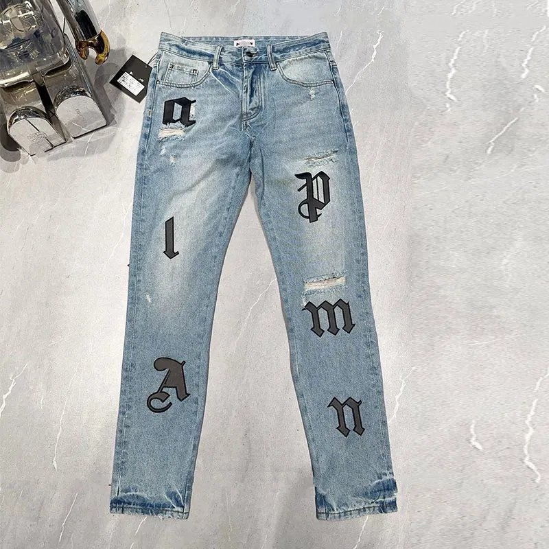 Mens Denim Trousers Palm Designer Jeans Fashion Pants Patches Regular 5 Pockets Straight Design Retro Streetwear Vacation Sweatpants Joggers Pant