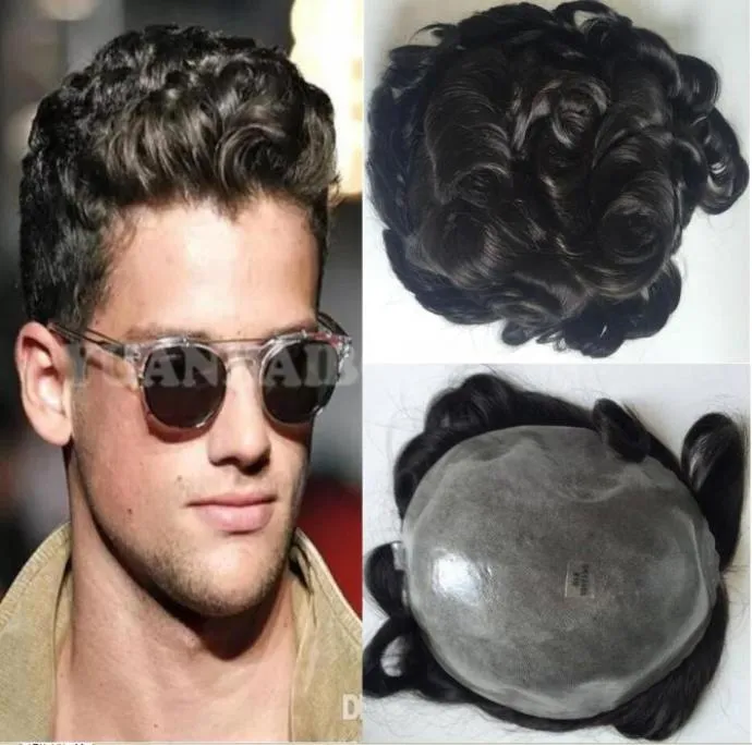 natural hairline lace front afro curl toupee wavy full pu men toupee black color 32mm wave hair replacement for men 8685425