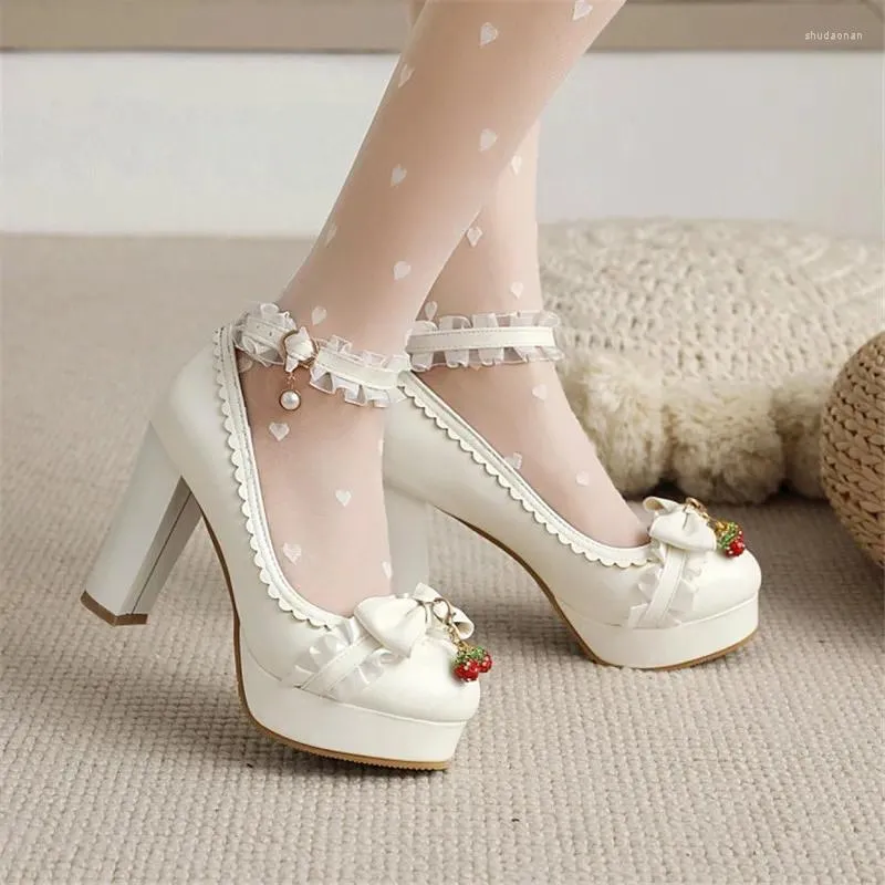 Dress Shoes PXELENA 2024 Fall Spring Lolita Princess Party Evening Pumps Ruffles Bow Tie Plus Size 34-43 Women Wedding White