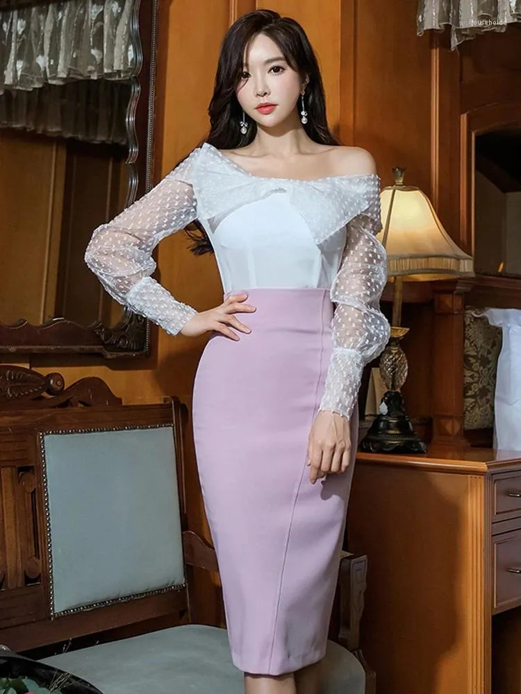 Work Dresses Sweet 2 Pieces Sets For Women Korean Elegant White Sheer Off Shoulder Shirt Tops Pink Bodycon Midi Skirt Outfits Party Street