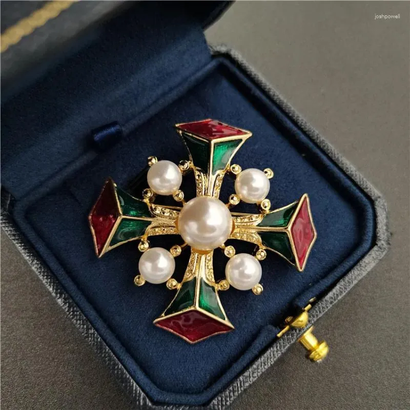 Brooches Vintage Baroque Enamel Pearl Retro Court Cross Brooch Pin For Women Jewelry Coat Accesories Men Suit Lapel Pins Corsage