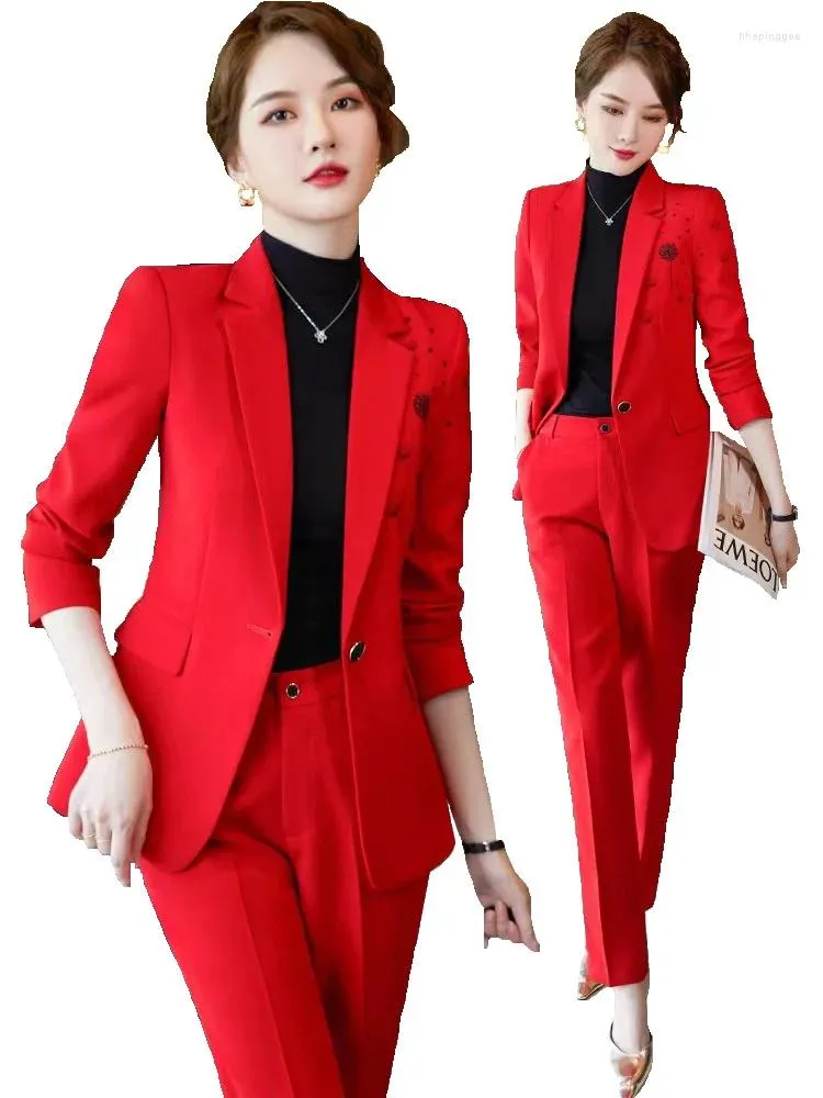 Kvinnors tvådelar byxor Nyhet Red Formal Professional Women Business Suits med 2 Set och Jackets Coat Ladies Office Wear Blazers