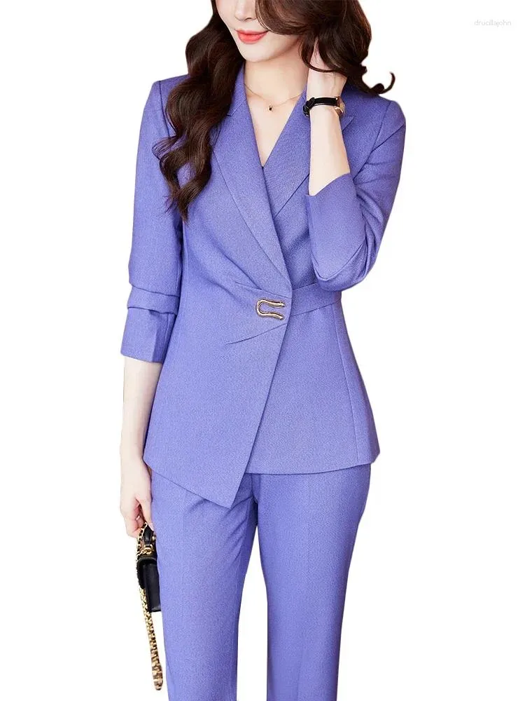 Women's Two Piece Pants Autumn Winter Elegant Pink Purple Black Ladies Pant Suit Women Female Business Work Wear Jacket And Trouser Blazer 2