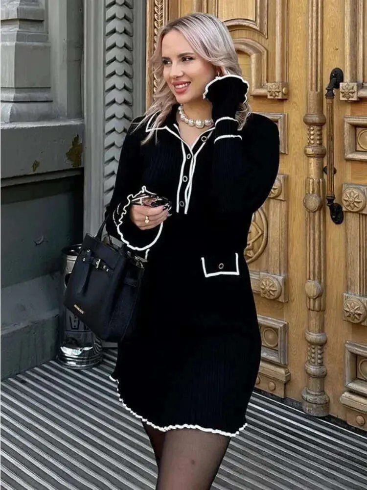 Tossy Ruffled Fashion Knit Women Autumn Ribbed Contrast Long Sleeve High Waist Lapel Gown Knitwear Ladies Maxi Dress