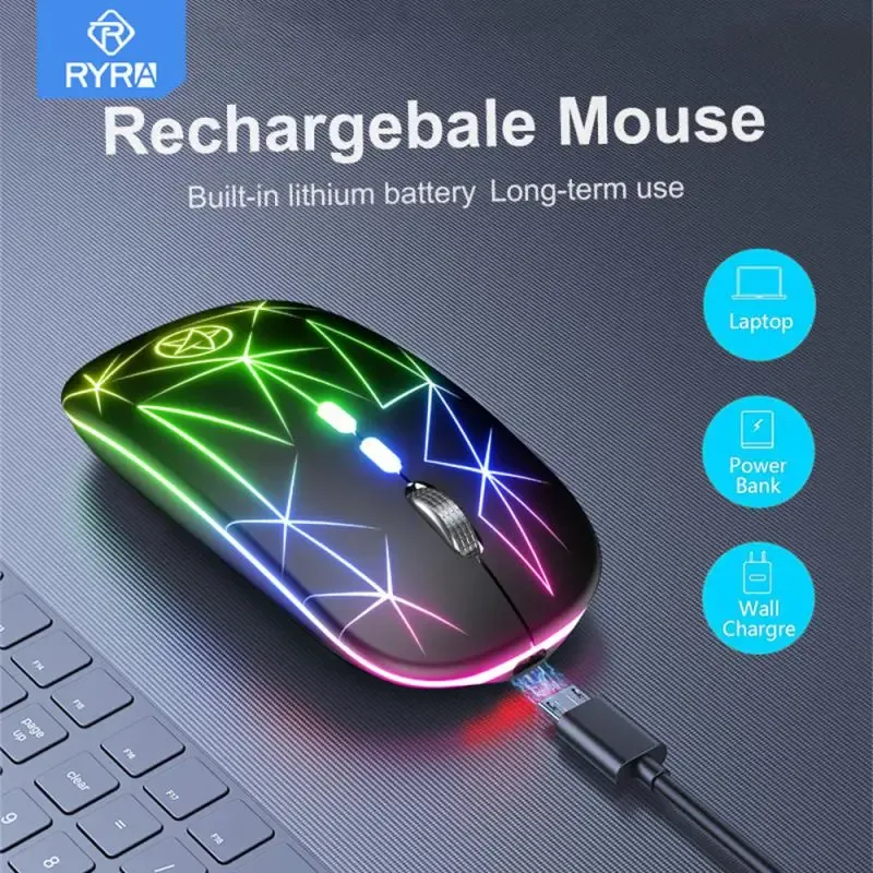 Möss Ryra Bluetooth Wireless Mouse Dual Mode USB Laddningsbar RGB -mus tyst ergonomisk mus med bakgrundsbelysning för bärbar dator dator