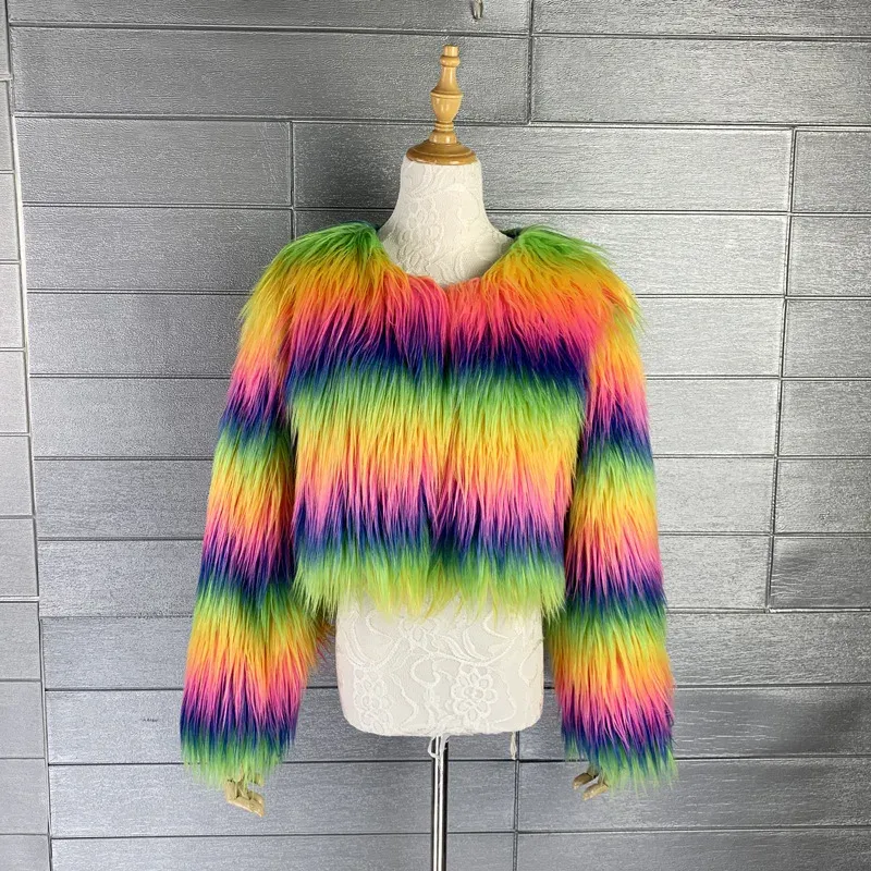 Jaquetas Fourcolor Rainbow Imitação de Pele Longa Cabelo Imitação de Lã de Cabra Casaco Curto Feminino Outono Inverno Moda Jaqueta Feminina