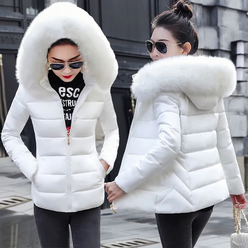 Parkas vinterjacka 2024 koreanska kvinnor parkas päls krage huva tjock varm kvinnlig kappa avslappnad korta utkläder ner bomullsjacka parkas