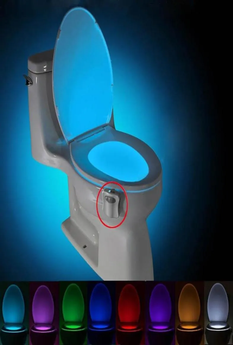 المرحاض ليلة الضوء مصباح LED Smart Bathrate Human Motion Activated Pir 8 Colors Officatic RGB الإضاءة الخلفية لأضواء وعاء المرحاض Dro2489658