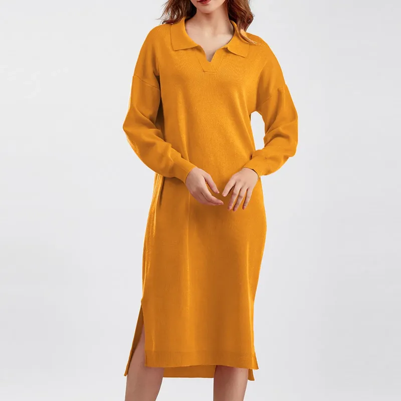 Robes décontractées Robe jupe longue pour femmes Robe à col en V à manches en tricot Vêtements amples Plus-Taille Couleur unie Femmes Maxi Robe