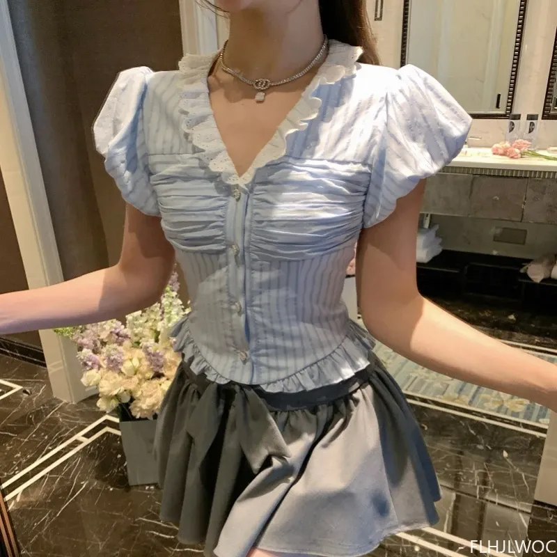 Shirt Woman Cute Sweet Girls Japan Korea Retro Vintage Ruffles Peplum Tunic White Lace Top Blusas Puff Sleeve Button Shirts FLHJLWOC