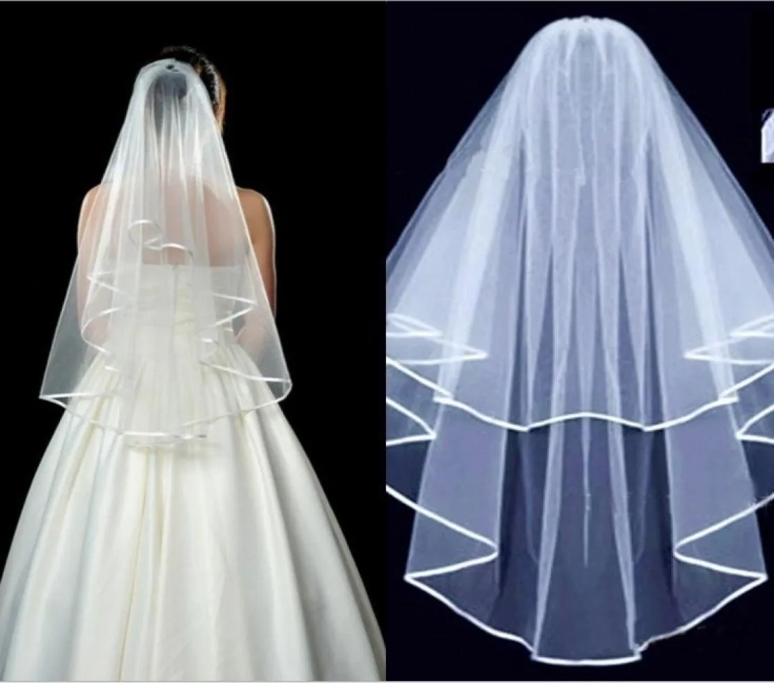 Setwell branco marfim fita de cetim de duas camadas véu borda vestido de casamento de tule curto com pente para mulheres3436362