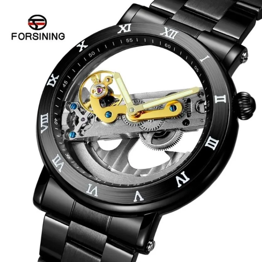 Forsining Men Skeleton Automatic Mechanical Watches Men Double Side Transparent Stainless Steel Watches Fashion Luminous Clock306g