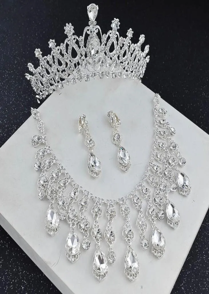 Vintage 2022 Kristall Silber Braut Krone Schmuck Halskette Ohrring Sets Frauen Hochzeit Zubehör Set Formelle Veranstaltungen Weardress4698765