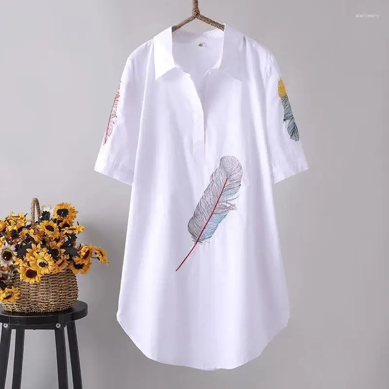 Kadın bluzları Şık Nakış Kadınlar Uzun Zarif Günlük Gömlek Pamuk Gevşek Üstler Yaz 2024 Kore Moda Giyim Büyük boy Tunik