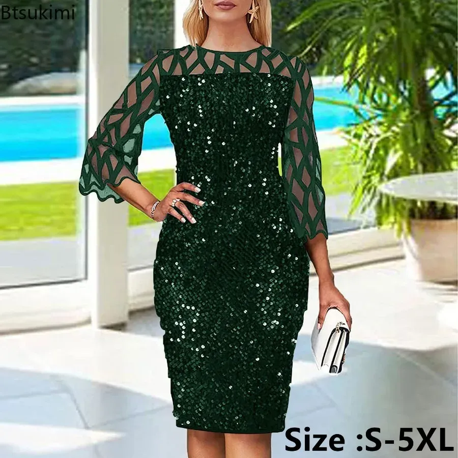 Dress New 2023 Women's Elegant Sequin Midi Dress Oversized Sexy Evening Party Club Dresses Gown Wedding Luxury Robe Rouge Vestidos 5XL