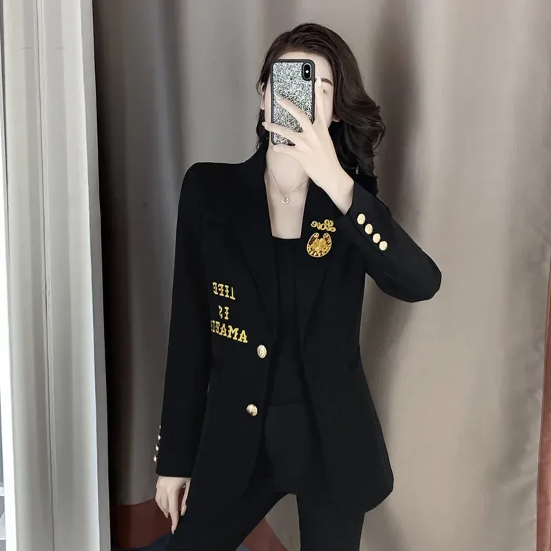 Blazers PEONFLY New Korean Style Classic Embroidery Solid Long Sleeve Slim Temperament Jacket Women Office Lady Chic Casual Blazer Suits