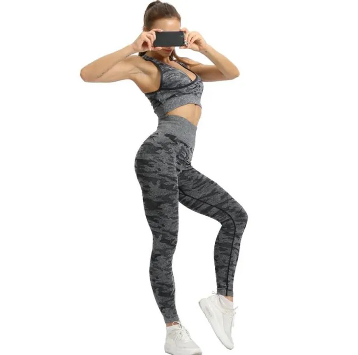 2PCS Camoflage Camo Joga Zestaw Sportowa odzież dla kobiet na siłowni Fitness Odzież Odzież Joga Legginsy Sport Vest Bra Gym Sport Suit MX2008900356