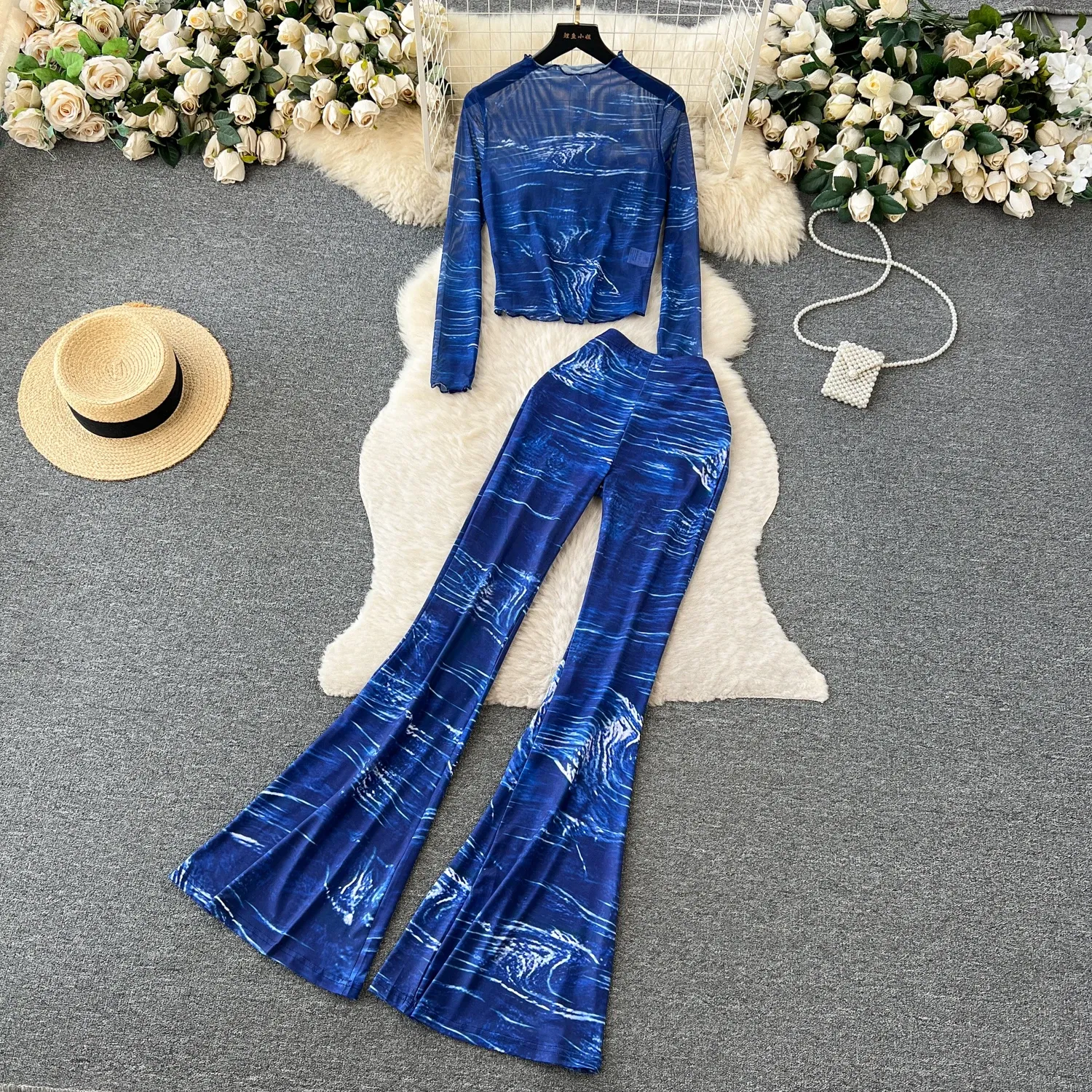 Suits Women Two Pieces Sets Fashion Basic Sheer Oneck Long Sleeve Print Tshirt and High Waist Elegant Casual Flare Wide Leg Pant