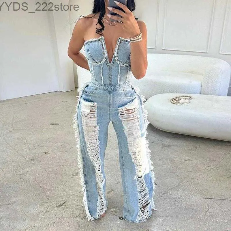 Jeans Jeans Denim Rompers Ripped Washed Jumpsuits High midja 240304