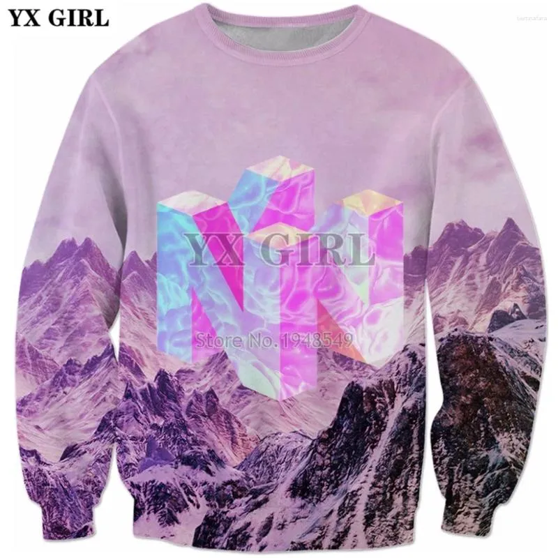 Męskie bluzy YX Girl 2024 Moda męska bluza 3D 64 Vaporwave Snowy Mountain Collection Print Crewneck Pullovers