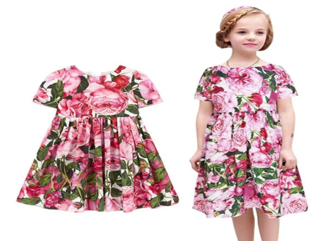 Retail Whole Baby Girls Short Sleeve Floral Printed Dresses Kids Ruffle Flower Flower Dress Children Designer Boutique Cloth1430081