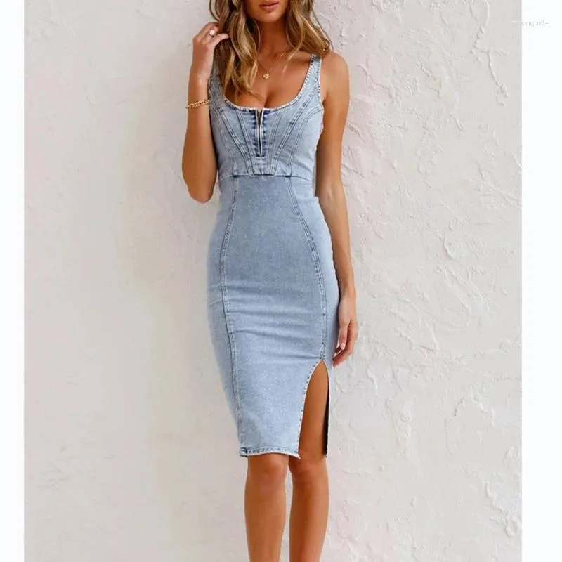 midi denim slip dress Amora ensuring comfortable wear Esme Denim Midi Dress in