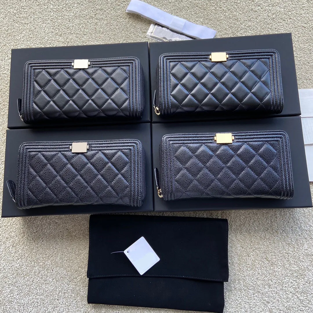 10A Designer Luxury Women's Wallet High Quality Metal Zipper Letter Leather Coin Pocket Metal Zipper Wallet Black Caviar Sheepskin Long Men's Wallet 168