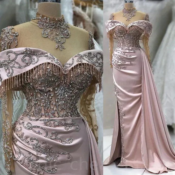 2024 Aso Ebi Champagne Mermaid Prom Beaded Crystals Lace Evening Formal Party Second Reception Birthday Engagement Gowns Dress Robe De Soiree