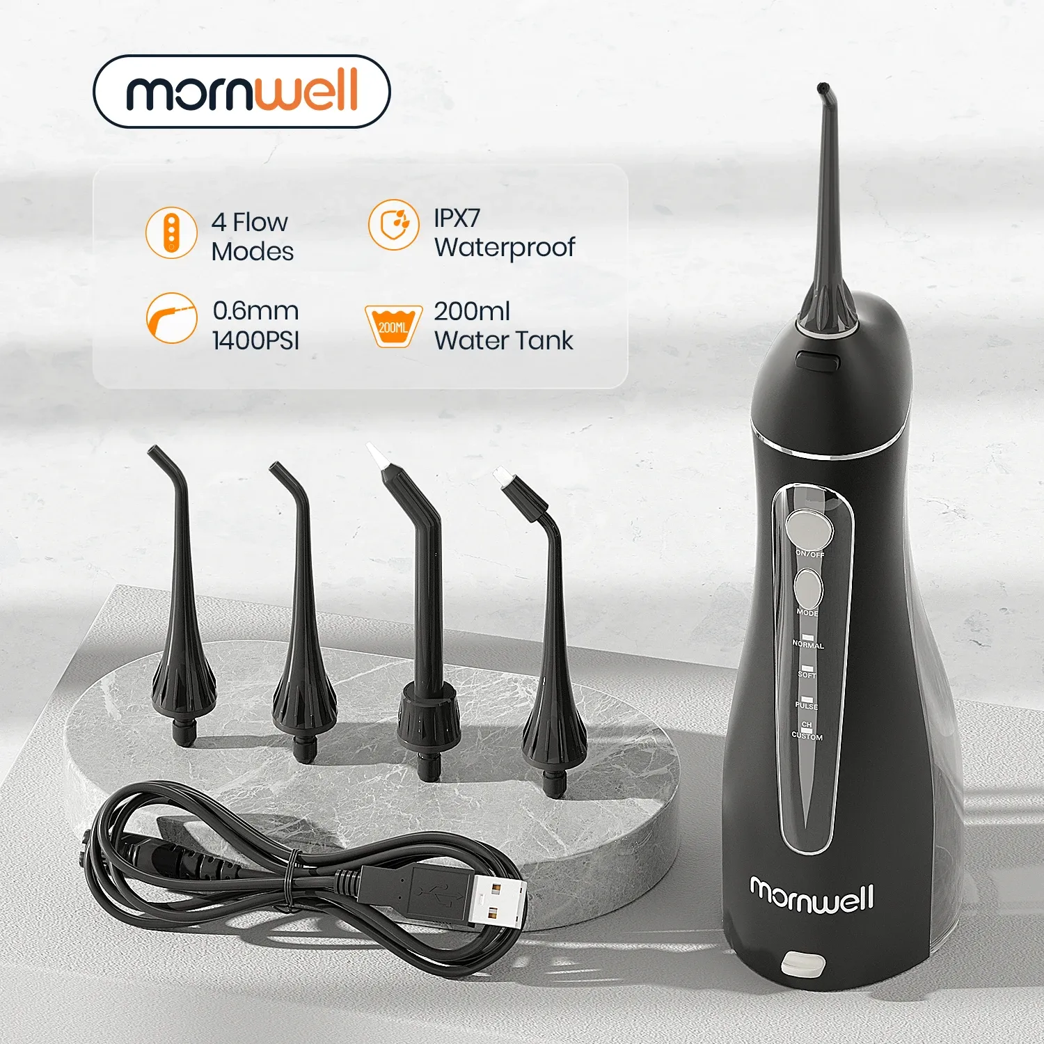Whitening Mornwell Portable Oral Irrigator With Travel Bag Water Flosser USB Rechargeable 5 Nozzles Water Jet 200ml Water Tank Waterproof