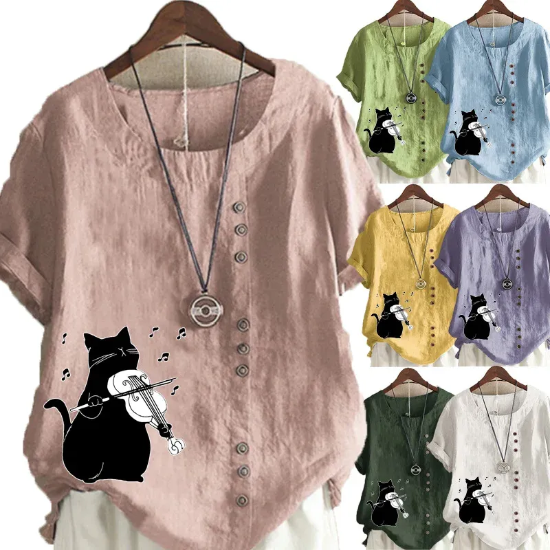 Bluse Elegante Gitarre Musik Katze Druck Baumwolle Leinen Hemd Sommer Frauen Casual Kurzarm ONeck Knopf Blume Pullover Mode straße