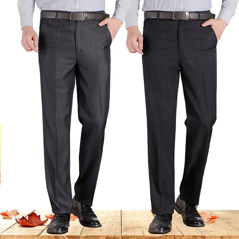 Pantalones Pantalones de traje para hombre de alta calidad Pantalones de negocios negros informales Pantalones de corte suave de longitud media para hombre Pantalones rectos regulares Negro Gris