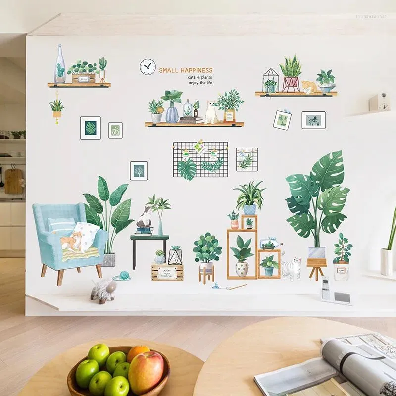 Adesivos de Parede Grande Nordic Ins Planta Verde Vaso Adesivo para Sala de estar Decoração Decalques Removíveis Home Mural