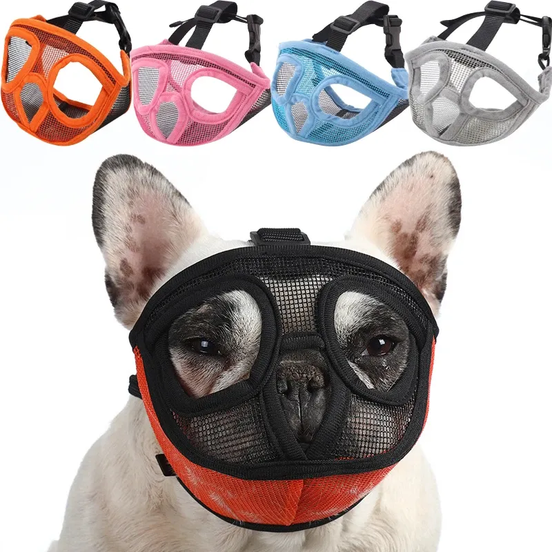 Museruole Muso corto Museruole per cani da compagnia Maglia traspirante regolabile Bulldog francese Bocca di carlino Maschera per museruola Anti-Stop che abbaia Forniture per cani Hot