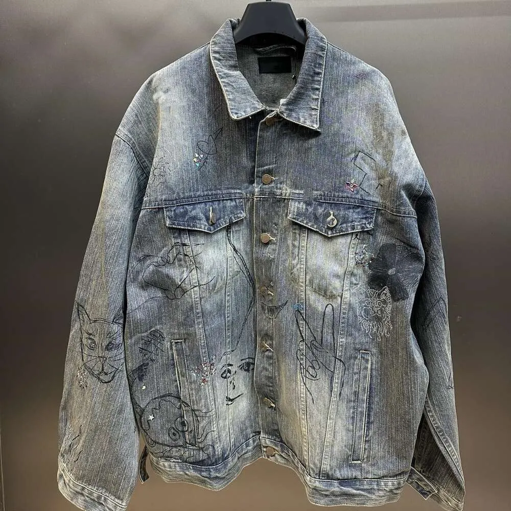 FAMÍLIA DE PARIS B 24S Versão alta alta de alta qualidade Back Hot Diamond Denim Coat Men e Women Loose OS Style S