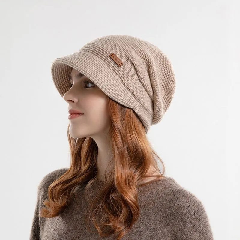 Solid Plush Women Beanie Winter Warm Knitted Pile Hat Inner Velvet Windproof Ear Protection Cap Bonnet